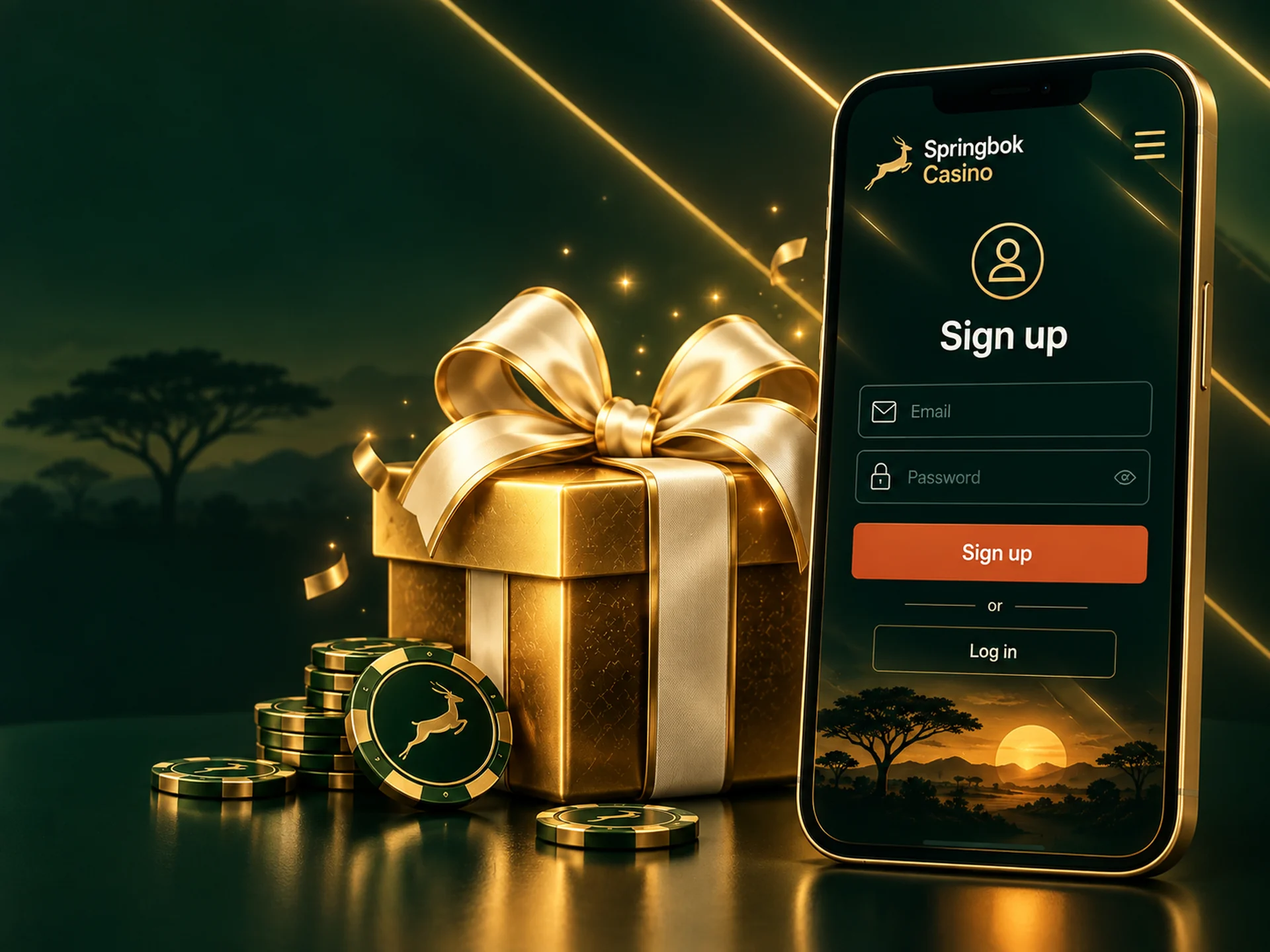 Phone showing the Springbok Casino sign-up form with a gold gift box beside it