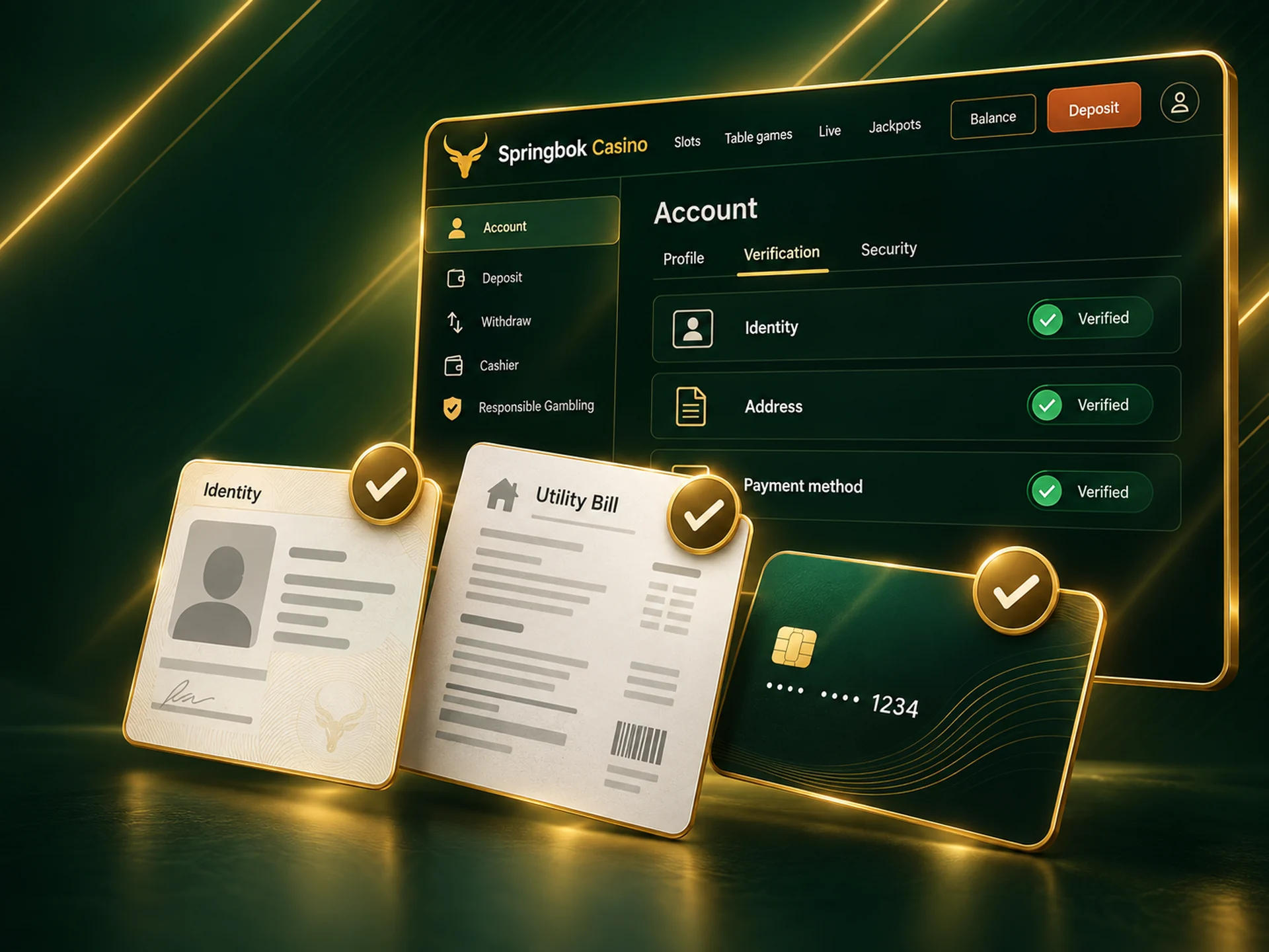 Three document cards (ID, proof of address, payment card) being checked off with gold ticks